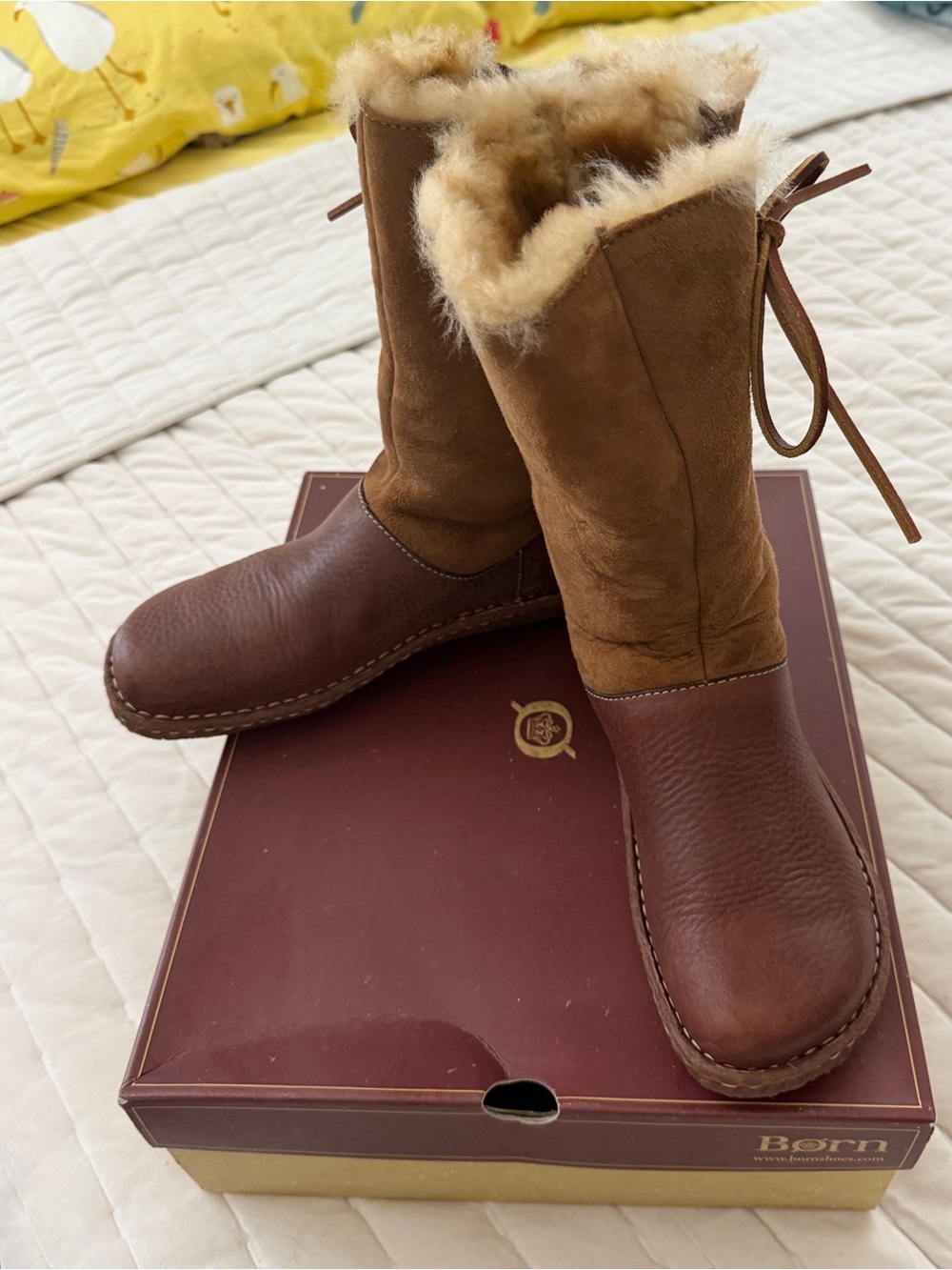 BORN YUMA Brown Leather & Suede Peru Shearling-Lined Mid-Calf Boots